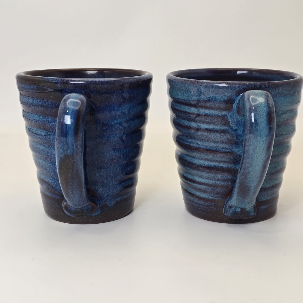 Rackliffe Pottery Blue Hill Maine Pair Signed Studio Pottery Blue Mugs - Picture 4 of 11